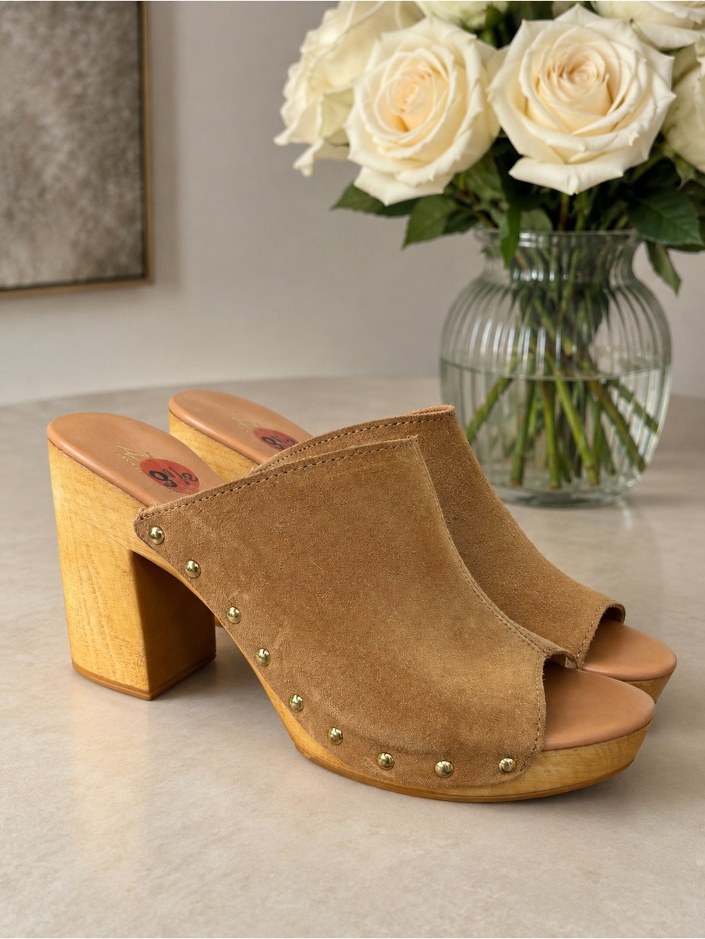 Women’s Tan Suede Studded Platform Mules